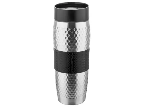 FLORINA Edelstahl Thermobecher 360 ml | Isolierbecher PRESTON aus Edelstahl | Auslaufsicherer Reisebecher mit Deckel | Travel Mug Thermobehälter | Rutschfeste Silikontextur | Farbe: Schwarz