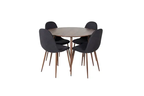 ebuy24 Essgruppe PlazaWA100 mit Esstisch und 4 Stühlen - Das PlazaWA100 Esstisch-Set in Walnuss-Dekor bietet stilvolle Funktionalität. Ideal für gemütliche Mahlzeiten, mit robustem MDF-Tisch und eleganten Polar-Stühlen in Schwarz.