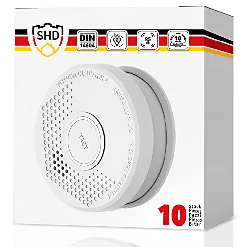 Rauchmelder 10er Set, 10 Jahre Garantie, DIN EN14604 geprüft, BSI Zertifiziert, 10 Stück Brandmelder mit 10X 9V Batterie