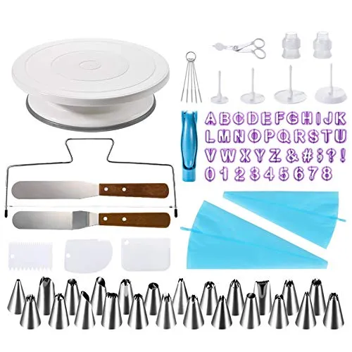 Soleebee 86-Teiliges Tortenplatte Drehbar Tortenständer Torten Dekoration Set mit 24 Edelstahldüsen, Blumennägel, Koppler, Glatter, Spritzbeutel usw. Modellierwerkzeug für Torten Deko Backzubehör