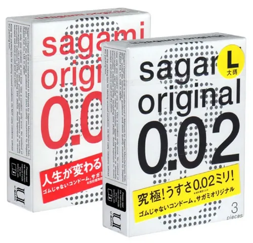 Sagami Kondome Original 0.02 Test-Set (L-Size und Regular Size) für Latex-Allergiker geeignet, 2 Packungen mit je 3 Stück, insgesamt, 6 St., latexfreie Kondome, Probierset, ultradünne japanische Kondome