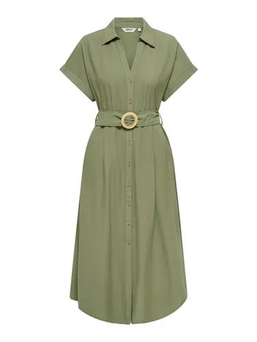 ONLY Hemdblusenkleid ONLJAKIRI LINEN SS MIDI SHIRT DRESS - Modisches Hemdblusenkleid aus einer hochwertigen Viskose-Leinen-Mischung, pflegeleicht und ideal für den Alltag. Mit V-Ausschnitt und regulärer Passform für einen lässigen Look.
