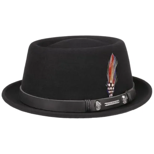 Stetson Pennsylvania Pork Pie Hut Herren - Fedora & Trilby-Hüte für Herren, wasserabweisend und knautschbar, ideal für jeden Anlass, aus hochwertigem Wollfilz mit eleganter Leder-Garnitur und charmanter Feder-Applikation.