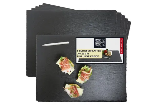 Moritz & Moritz Servierplatte Schieferplatten 30x20 cm (6er Set) - Elegante Servierplatten aus Naturschiefer, ideal für kreative Präsentationen und besondere Anlässe. Inklusive Kreidestift für persönliche Botschaften.
