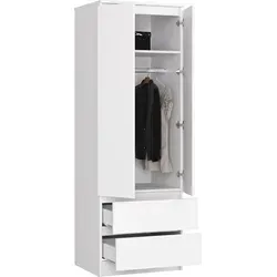 BDW Kleiderschrank 2 Türen mit 2 Schubladen – 180x60x51 cm, Weiß