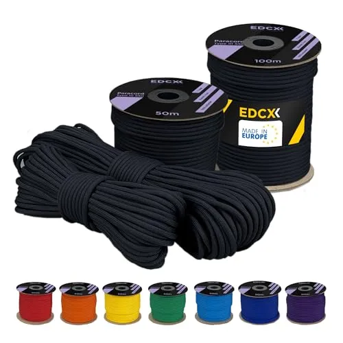 EDCX 4 mm Polyester Paracord 550 25+ Farben (15, 30 und 50 m) – Typ III, 100% Nylonseil, 7 Litzen Seil, 4mm Nylonseil in vielen Farben | Solid Colors (Black, 15 m)