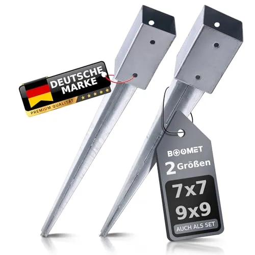 BOOMET Einschlagbodenhülsen 7x7cm / 9x9cm – 5 Stück feuerverzinkt - Hochwertige Einschlagbodenhülsen für Vierkantpfosten – ideal für stabile und schnelle Befestigung. Robuster verzinkter Stahl sorgt für Langlebigkeit und Witterungsbeständigkeit Ihrer Gartenprojekte.