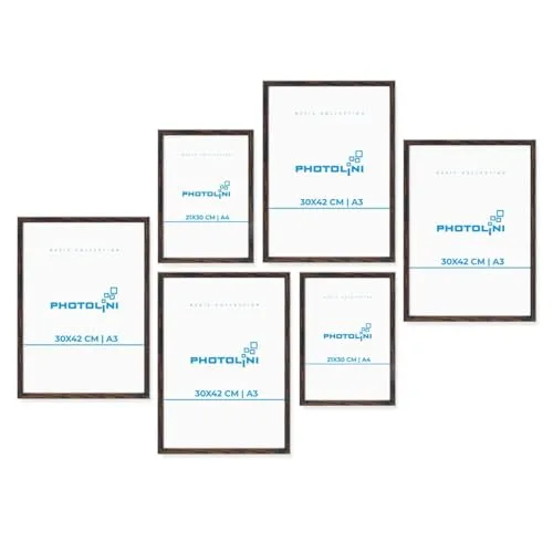 PHOTOLINI dunkel Eiche Bilderrahmen Set verschiedene Größen, 6 Bilderrahmen braun Holz MDF, Bilder Rahmen mit Acrylglas, No.8 Bilderrahmenset Aufhängen, Fotorahmen Set mit Zubehör für Fotos & Poster