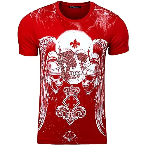 Herren Rundhals T-Shirt mit Motiv Kurzarm Slim Fit Design Fashion Top Print Shirt, Farbe:2308_Rot, Größe:M
