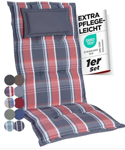 gardisun Gartenstuhlauflagen Hochlehner mit Kopfteil I Extra Dicke Sitzauflagen I Made in Europe I Polsterauflagen für Hochlehner I Auflagen mit extra hohem Komfort I 1er Set I Grau-Rot-Kariert