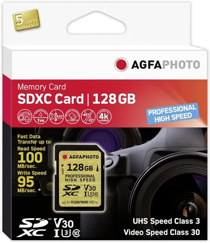 AgfaPhoto SDXC UHS I 128GB - Professionelle High Speed Karte - Speicherkarten der Klasse U3 V30, ideal für 4K-Videos und schnelle Datenübertragungen.