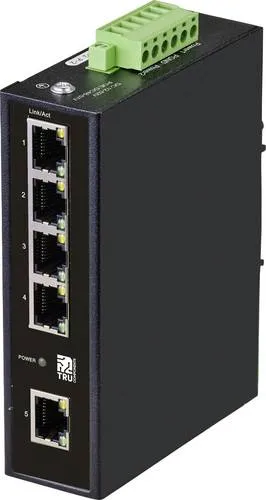 TRU COMPONENTS Industrial Ethernet Switch 1+4 Port - 5-Port 10/100 MBit/s Netzwerk-Switch, ideal für raue Industrieumgebungen mit ESD- und EFT-Schutz sowie extremen Temperaturbereichen von -40 bis +75 °C.