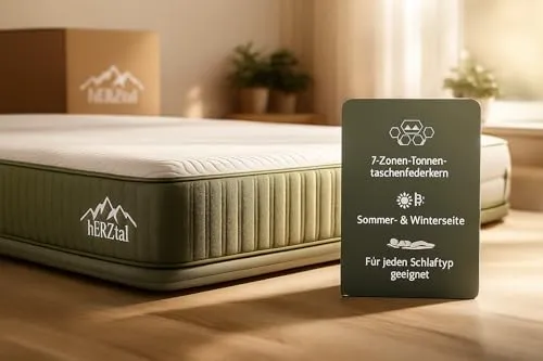 hERZtal 7-Zonen Taschenfederkernmatratze 90x190 cm – 18 cm hoch, All in One, punktelastisch & atmungsaktiv, Sommer-/Winterseite, Bezug abnehmbar & 60 °C waschbar, Zertifiziert