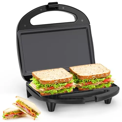 Snailar Sandwichtoaster, 2 Scheiben Sandwichmaker mit Flachplatten, Antihaft, Kühler Griff, 750W, Schwarz