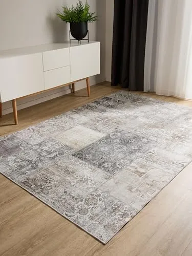 benuta Basic Waschbarer Teppich George - Grau 80x150 cm - Teppich in modernem Vintage-Design, pflegeleicht und maschinenwaschbar bei 30° – ideal für Wohnzimmer, Schlafzimmer oder Büro mit sicherem Halt dank Anti-Rutsch-Rückseite.