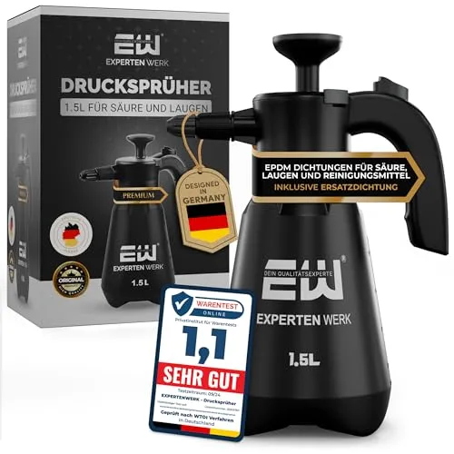 Expertenwerk Drucksprüher 1,5L säurebeständig EPDM – Auslaufsichere Pumpsprühflasche mit Edelstahl-Pumpstange, Überdruckventil & Verstellbarer Düse – Pumpflasche Auto Felgenreiniger Haushalt & Garten