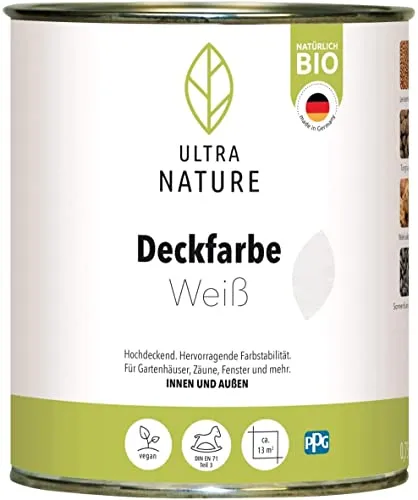 ULTRA NATURE Deckfarbe für Innen und Außen, 0,75L, Weiss, Vegan, Bio, Lösemittelfrei, UV-Schutz, Wetterschutz