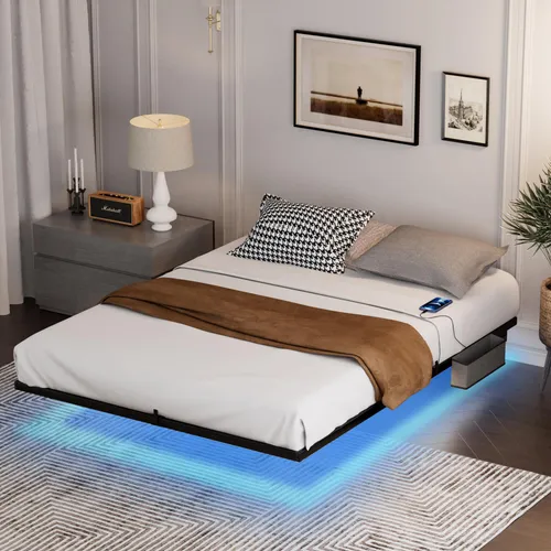 MODFU Schwebebett 160x200 mit LED-Beleuchtung und Ladestation - Modernes Metallbett mit schwebender Optik und stabilen Stützbeinen. Integrierte LED-Leisten sorgen für individuelle Lichtatmosphäre, während die Ladestation für Mobilgeräte praktischen Komfort bietet.