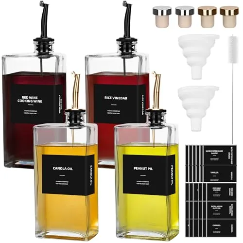 BBWELL Essig und Ölflaschen Set,4x500ml Öl Flaschen,Olivenöl Flasche Ölflasche mit Ausgießer,Essig- & Ölspender Glasflaschen,Wasserfeste Etiketten,Essig und Ölspender Glas,lflaschen zum Befüllen