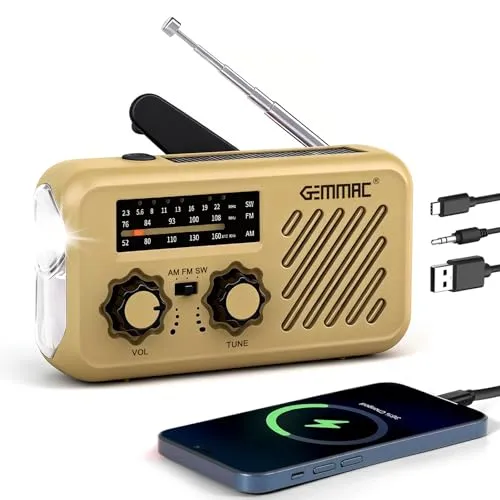 Gemmac Solar Kurbelradio mit Kopfhöreranschluss - Notfallradio für Camping und Outdoor - Das Gemmac Solar Kurbelradio bietet AM/FM/SW Empfang und ist ideal für Notfälle. Mit 3-Wege-Ladeoptionen und SOS-Alarm ausgestattet, sorgt es für Sicherheit und Kommunikation beim Camping oder in der Natur.