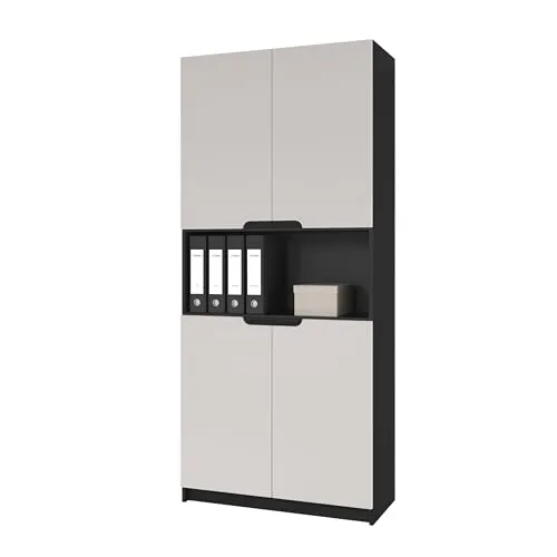 Vladon Büroschrank Logan V2 - Aktenschrank mit 5 Fächern, Schwarz matt/Cashmere - Der moderne Büroschrank bietet mit 4 Türen und höhenverstellbaren Fächern viel Stauraum für Akten und Zubehör. Die Soft-Close-Scharnieren sorgen für geräuschloses Öffnen. Made in Germany – für Qualität und Langlebigkeit.