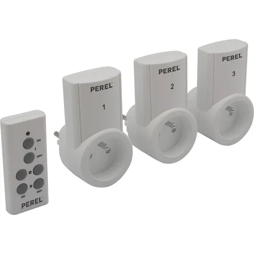 Perel Funk-Steckdosen-Set (3 x Funk-Steckdose + Fernbedienung) - Steckdosen & Zubehör, komfortables Ein- und Ausschalten von Elektrogeräten bis 25 m Reichweite, ideal für schwer zugängliche Plätze und zur Energieeinsparung.