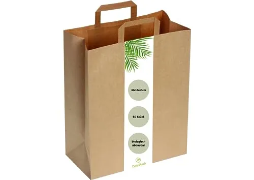 DeinPack 50 Papiertüten 32 x 12 x 40 cm I Umweltschonende Papier Tragetaschen groß Geschenktüten Papiertragetaschen biologisch abbaubar, kompostierbar I braune Papier Tüten