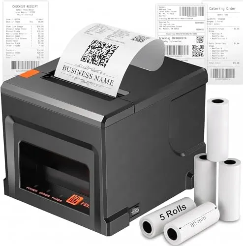 Imprimante Thermique POS 80mm USB und Ethernet, 300mm/s Höchstgeschwindigkeit mit Auto-Cutter & Kassenlade-Schnittstelle, Plug & Play für Windows/Mac/Linux, für Einzelhandel, Gastronomie, Hotel