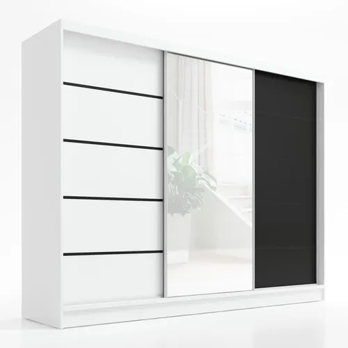ARIVA 2 Schwebetürenschrank 200 cm mit Spiegel - 3-türig in Weiß und Schwarz - Geräumiger 3-türiger Schwebetürenschrank mit Spiegeln, ideal für eine optimale Raumorganisation. Ausgestattet mit 2 Kleiderstangen und 8 Regalen, bietet er viel Stauraum und eine einfache Montage.