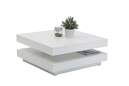 Apollo Couchtisch Andy - Quadratischer Wohnzimmertisch mit drehbarer Tischplatte 360°, pflegeleicht und modern in Weiß, 67x67x35cm