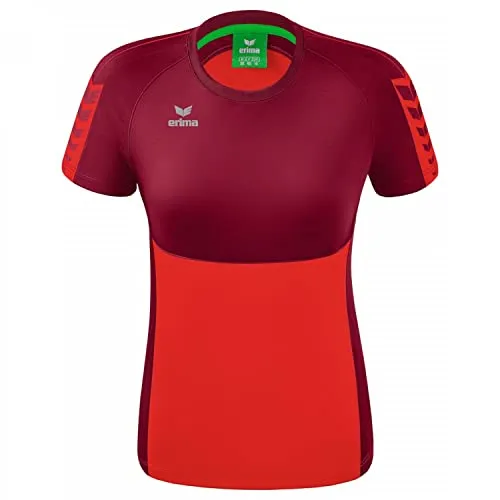 Erima Damen Six Wings Funktions T-Shirt, rot/bordeaux, 34 - T-Shirts aus leichtem, schnelltrocknendem Funktionsmaterial mit tailliertem Schnitt und stylischem ERIMA Schwingen-Design auf der Schulter.