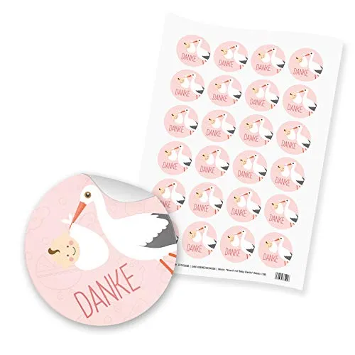 itenga Motiv Storch mit Baby Rosa Pastell für Mädchen Gast Geschenk Geburt Taufe 1. Geburtstag (24 Motivsticker mit Text Danke)
