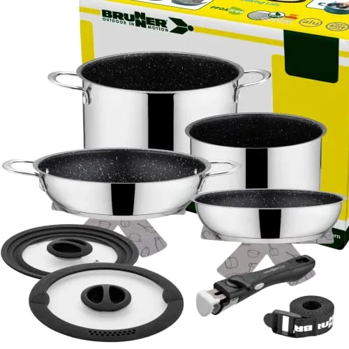 BRUNNER Camping Topf-Set Edelstahl 7+1 Teilig - Topf- & Pfannensets für 4-6 Personen, mit langlebiger Pfluon-Antihaft-Beschichtung und abnehmbarem Griff für platzsparenden Transport im Wohnmobil.