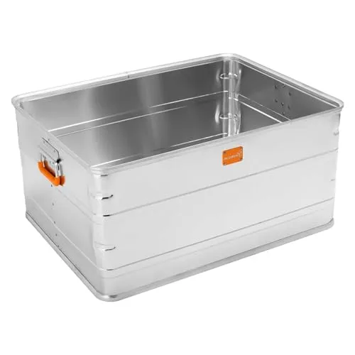 Alubox Transportkiste ABX-U161 - 145 Liter - Materialtransport & Ladungssicherung - robuste Alu Lagerbox mit umlaufenden Sicken, optimiert für Europaletten und selbsteinklappenden Handgriffen.