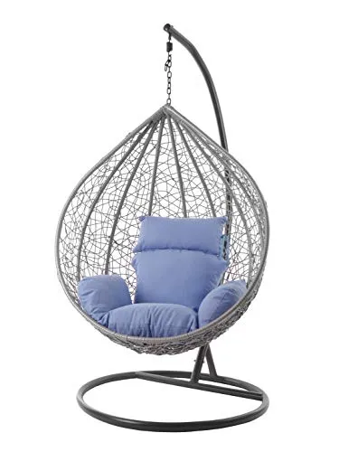 KIDEO Komplettset: großer Hängesessel mit Gestell & Kissen, Korbsessel, Poly-Rattan (Korb: hellgrau & Gestell: grau, Kissen: blau Nest (3070_royal_Blue))