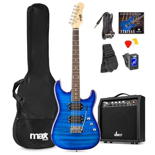 Max GigKit E Gitarre Quilted Style, E Gitarren Set mit Verstärker, Gitarrentasche, Plektrum, Stimmgerät Gitarre, Instrumentenkabel, Ersatzsaiten und Gitarrengurt, 22 Bünde - Dunkel Blau