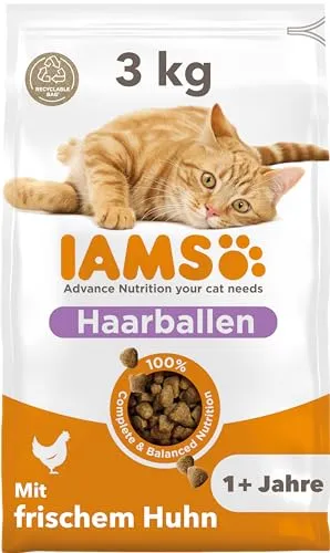 IAMS Anti-Haarballen Katzenfutter trocken mit Huhn - 3 kg, reduziert Haarballenbildung und fördert gesunde Vitalität für Katzen ab 1 Jahr