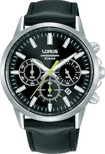 LORUS Chronograph RT379KX9 - Elegante Herrenuhr mit Lederarmband - Chronographen mit Stoppfunktion und Datumsanzeige, wasserdicht bis 10 bar und stilvolles Design mit schwarzem Zifferblatt und silberfarbenem Gehäuse.