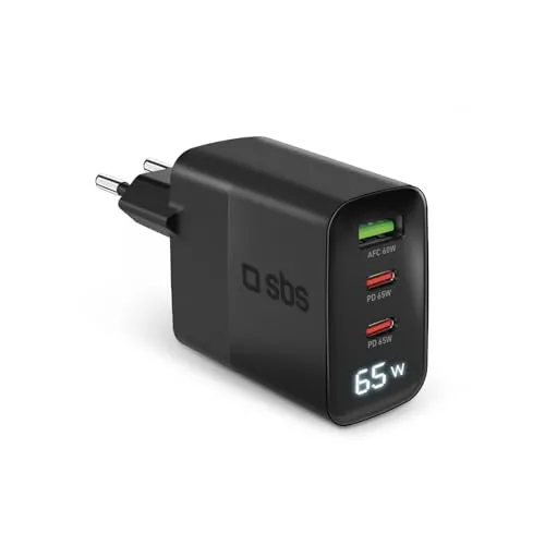SBS USB-C Ladegerät 65W mit LCD - Netzteile für Handys, ideal für das gleichzeitige Laden von bis zu 3 Geräten mit Power Delivery und sicherem Ladeprozess dank LCD-Anzeige.