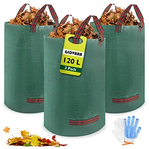 GIOVARA Gartenabfallsack pop up 3 x 120L, Laubsack für herbstlaub, Gartenabfallsack Stabil mit Griffe, Wasserdicht, faltbar, robust für Rasenschnitt, Heckenabfälle und Gartenreinigung