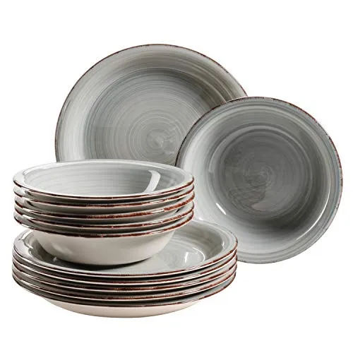 MÄSER Teller-Set für 6 Personen - Vintage Look, 12-teilig - Tafelservice aus handbemaltem Steingut in Rauchblau, spülmaschinenfest und mikrowellengeeignet. Ideal für stilvolle Tischdekoration und besondere Anlässe.