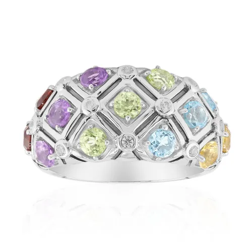 Eleganter Mehrteiliger Sterling Silber Ring mit Amethyst - Stilvoller Echtschmuck für besondere Anlässe. Der Ring aus 925er Sterling Silber besticht durch einen schimmernden Amethyst und 24 weitere Edelsteine. Mit Echtheitszertifikat und in Größe 21.