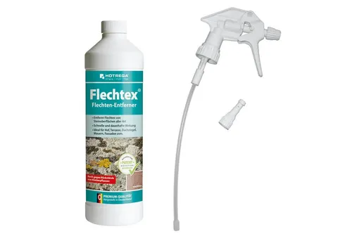HOTREGA Flechten Entferner Flechtex 1L mit Schaumsprüher - Flüssigreiniger zur effektiven Entfernung von Flechten und Algen auf Steinoberflächen, inklusive praktischem Schaumsprüher für einfache Anwendung.