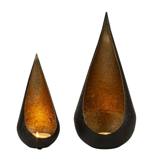 Modernes Windlicht aus Metall im 2er Set schwarz und innen Gold Höhe 22 cm und 32 cm Durchmesser 10 und 15 cm