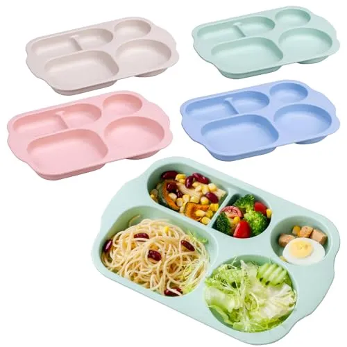 Menüteller 4 PCS teller mit unterteilung für Kinder und Erwachsene,Unzerbrechliche Geteilter Teller 30cm,Unbreakable Divided Portion Plates Divided Tray with 5 Compartments Healthy PP Plate for Adults