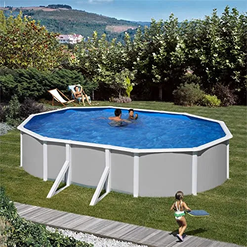 Paradies Pool® Gre Giant oval 300x500x132cm (Ø x H), Stahlwandbecken grau, Poolplane in blau 0,4mm, Handlauf extra breit, inkl. Skimmer-Set und Leiter, Swimmingpool, Menge: 1 Stück