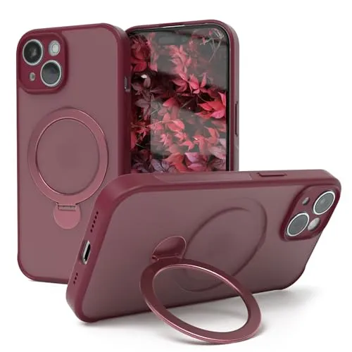 EAZY CASE - MagSafe Handyhülle für iPhone 15 kompatibel mit MagSafe Hülle mit Ständer kompatibel mit iPhone 15 Hülle mit 360° Ring & Magnetfunktion zum Aufstellen stoßfest Cover in Dunkel Rot