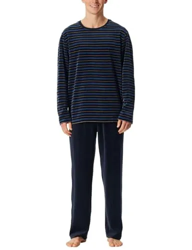 Schiesser Herren Schlafanzug lang - Casual Nightwear - Bequemer langer Herren-Pyjama in Mitternachtsblau mit Streifen-Top und weicher Veloursqualität für angenehme Nächte.