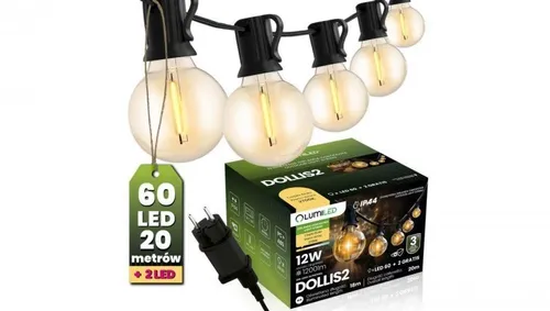 Girlanda Ogrodowa Zewnętrzna Łańcuch Świetlny 20m 60x LED + 2 Żarówki 12W Ciepła