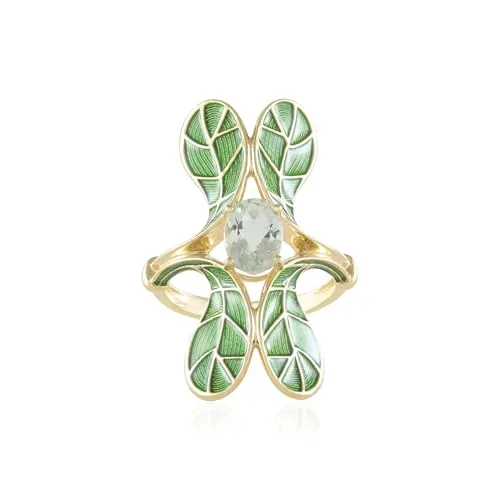 Cavill Grüner Amethyst Ring 1,17 ct Ovalschliff aus Brasilien, 925er Sterling Silber vergoldet, modernes Blatt-Design, eleganter Schmuck in frischem Grün, Größe 16-21